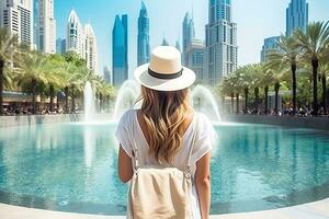 vrouw toerist in dubai, Verenigde Arabisch emiraten. reizen en vakantie concept, gelukkig toerist meisje achterzijde visie wandelen in de buurt fonteinen in Dubai stad. vakantie en bezienswaardigheden bekijken concept, ai gegenereerd foto