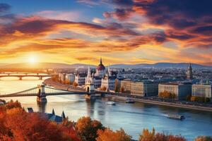 panoramisch visie van Boedapest Bij zonsondergang, Hongarije. mooi stadsgezicht met Donau rivier, panoramisch visie over- de Boedapest Bij zonsondergang, ai gegenereerd foto