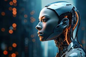 cyborg vrouw gezicht in voorkant van futuristische achtergrond. 3d weergave, Hoi tech robot dichtbij omhoog visie portret Aan een digitaal achtergrond, ai gegenereerd foto