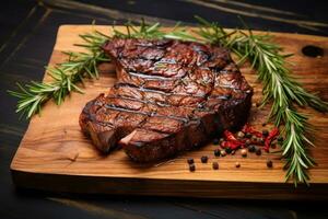 gegrild rundvlees steak met rozemarijn en peper Aan houten snijdend bord, gegrild vlees barbecue steak Aan houten snijdend bord met rozemarijn, ai gegenereerd foto