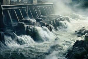 hydro-elektrisch macht station in de midden- van de rivier- in de mist, hydro-elektrisch fabriek met sterk watervallen vallend omlaag, ai gegenereerd foto