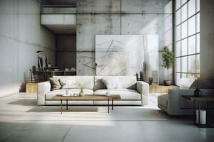 interieur van modern leven kamer met beton muren, beton vloer, wit sofa en koffie tafel. 3d weergave, interieur van modern leven kamer met wit muren, beton vloer, ai gegenereerd foto