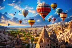 heet lucht ballonnen vliegend over- Cappadocië, kalkoen, heet lucht ballonnen vliegend over- spectaculair Cappadocië, ai gegenereerd foto