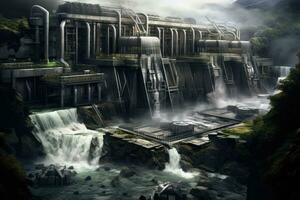 3d renderen van een fantasie wereld met een waterval in de achtergrond, hydro-elektrisch fabriek met sterk watervallen vallend omlaag, ai gegenereerd foto