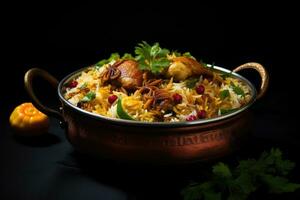 biryani biryani is een populair Maharashtrian schotel gemaakt van basmati rijst, kip en kruiden, Indisch kip biryani met rijst- en groenten Aan een zwart achtergrond, ai gegenereerd foto