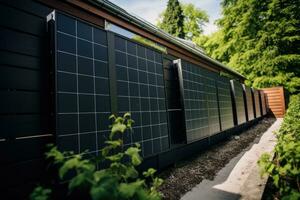 zonne- panelen geïnstalleerd Aan de dak van een huis met groen bomen in de achtergrond, huis hek gemaakt van zonne- panelen, ai gegenereerd foto