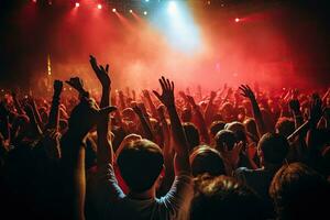 menigte Bij een muziek- festival, handen verheven omhoog in voorkant van de fase, menigte juichen Bij een leven muziek- concert en verhogen handen omhoog, ai gegenereerd foto