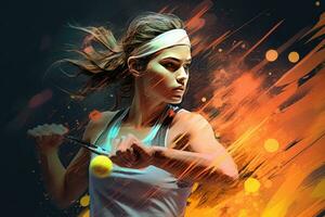 portret van een vrouw tennis speler met racket en bal tegen abstract achtergrond, creatief illustratie van een jong atletisch vrouw tennis speler spelen met haar tennis racket, ai gegenereerd foto