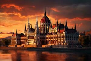 Hongaars parlement gebouw Bij zonsondergang, Boedapest, Hongarije, Europa, Hongaars parlement, Boedapest Bij zonsondergang, ai gegenereerd foto