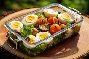 gezond lunch doos met gekookt eieren, tomaten, champignons en salade, gezond lunch doos met kwartel eieren, kwartel eieren en groenten, ai gegenereerd foto