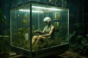 vrouw zittend in een glas aquarium met planten en op zoek Bij de camera, robots landbouw fuman, ai gegenereerd foto