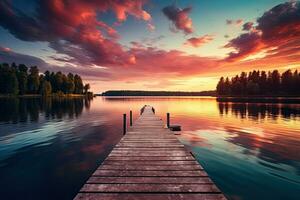 houten pier Aan de meer Bij zonsondergang. mooi zomer landschap, klein boot dok en mooi zonsondergang landschap visie met een reusachtig meer, ai gegenereerd foto