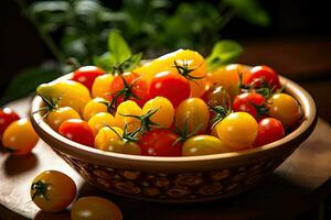 geel en rood kers tomaten in een kom Aan een houten tafel, schotel van klein rood en geel tomaten, ai gegenereerd foto