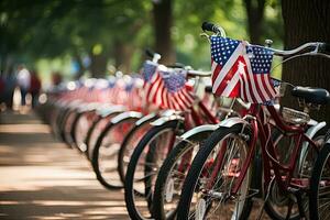 fietsen met Amerikaans vlaggen in de park Aan een zonnig dag, versierd fietsen bekleed omhoog voor een vierde van juli optocht, onafhankelijkheid dag, ai gegenereerd foto