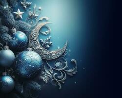 blauw Kerstmis achtergrond met ballen en Spar tak, decoraties en sneeuwvlokken, Kerstmis groeten model. ai generatief foto