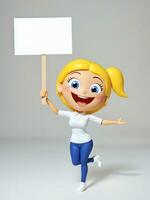 een 3d speelgoed- gelukkig tekenfilm vrouw Holding aanplakbiljet Aan een wit achtergrond. ai gegenereerd foto
