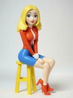 een 3d speelgoed- tekenfilm vrouw zittend Aan een stoel Aan een wit achtergrond. ai gegenereerd foto