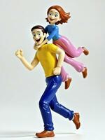 een 3d speelgoed- tekenfilm Mens rennen met vrouw Aan terug Aan een wit achtergrond. ai gegenereerd foto