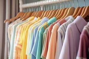 kleurrijk kleren Aan een kleding rek, pastel kleurrijk kast in een boodschappen doen op te slaan of slaapkamer, regenboog kleur kleren keuze Aan hangers, huis garderobe concept afbeelding. ai generatief foto