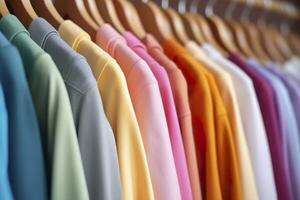 kleurrijk kleren Aan een kleding rek, pastel kleurrijk kast in een boodschappen doen op te slaan of slaapkamer, regenboog kleur kleren keuze Aan hangers, huis garderobe concept afbeelding. ai generatief foto