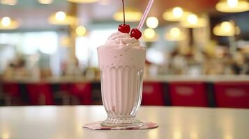 kers milkshake in een klassiek Amerikaans diner. voedsel fotografie concept. generatief ai foto