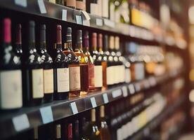 abstract vervagen wijn flessen Aan likeur alcohol schappen in supermarkt op te slaan achtergrond. generatief ai foto