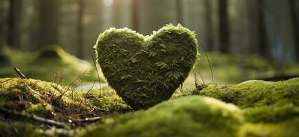 detailopname van houten hart Aan mos. natuurlijk begrafenis graf in de bossen. generatief ai foto