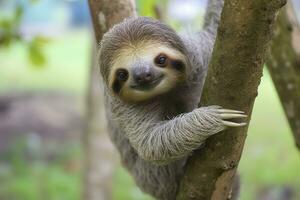 baby luiaard in boom in costa rica. generatief ai foto