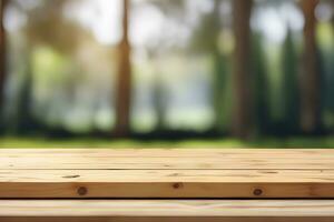hout tafel Product presentatie met wazig tuin achtergrond door ai generatief foto