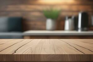 hout tafel Product presentatie met interieur achtergrond door ai generatief foto