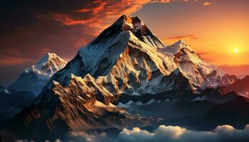 een berg top met oranje wolken en een zonsondergang ai gegenereerd foto