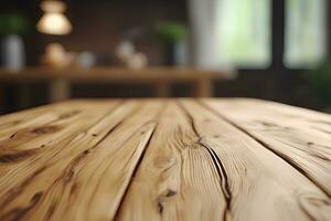 hout tafel Product presentatie met interieur achtergrond door ai generatief foto