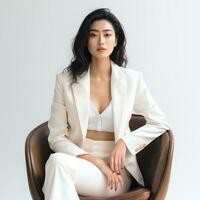 mooi Aziatisch vrouw in wit pak zittend Aan stoel ai gegenereerd foto