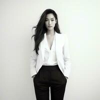jong Aziatisch vrouw in wit pak ai gegenereerd foto