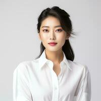 jong Aziatisch vrouw in wit pak ai gegenereerd foto