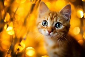 detailopname van schattig kat staren Bij iets met mooi bokeh achtergrond, generatief ai foto