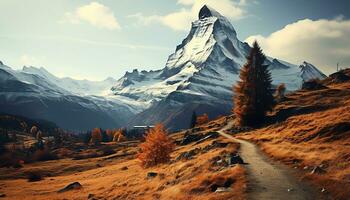 een berg reeks met bomen en een rivier- ai gegenereerd foto