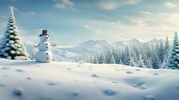 panoramisch visie van gelukkig sneeuwman in sneeuw winter landschap met kopiëren ruimte foto