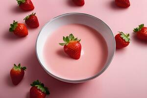 aardbei fruit drijvend in aardbei melk, yoghurt, smoothie door ai generatief foto