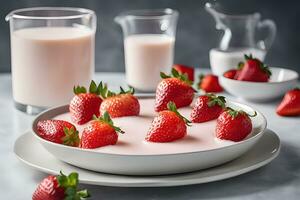 aardbei fruit drijvend in melk, yoghurt door ai generatief foto