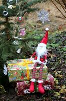 foto van een speelgoed- gnoom zittend Aan cadeaus in de buurt een leven versierd Kerstmis boom buitenshuis in de tuin, detailopname