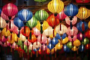 kleurrijk festival lantaarns gedurende de Chinese traditioneel vakantie seizoen. ai gegenereerd foto