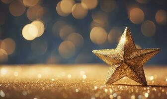 sprankelend gouden Kerstmis ster. ornament decoratie onscherp bokeh achtergrond. ai gegenereerd foto