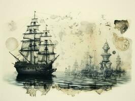 oude het zeilen schip Bij zee, hand- getrokken illlustration in de gravure stijl, ai gegenereerd foto