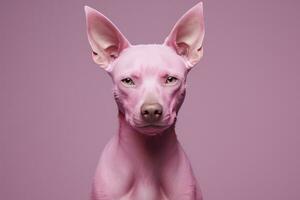 roze gekleurde hond Aan roze achtergrond. ai gegenereerd foto