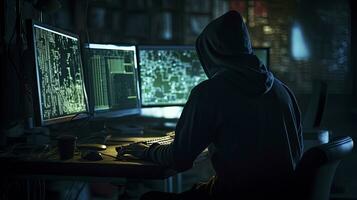 hacker. een glimp in de wereld van cyber complotten. ai gegenereerd foto