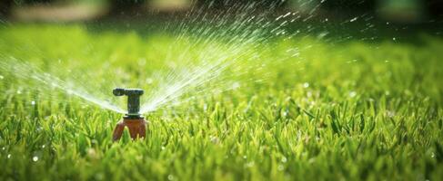 automatisch tuin gazon sproeier in actie gieter gras. ai gegenereerd foto