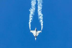 Hongaars lucht dwingen saab jas 39 grijpen vechter Jet vlak vliegen. luchtvaart en leger vliegtuigen. foto