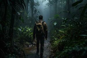 Mens met rugzak wandelen in de oerwoud. avontuur en reizen concept, mannetje wandelaar wandelen door een dicht donker oerwoud, achterzijde visie, vol lichaam, ai gegenereerd foto