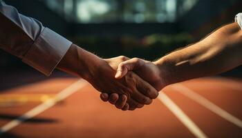 handdruk van atleten tegen de backdrop van een klei tennis rechtbank na een match.generatief ai foto